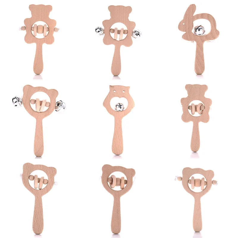 1-Pack Beech Wood Baby Teether - Wooden Animal Ring Nursing Pendant Rattle Chew Toy Rabbit Owl