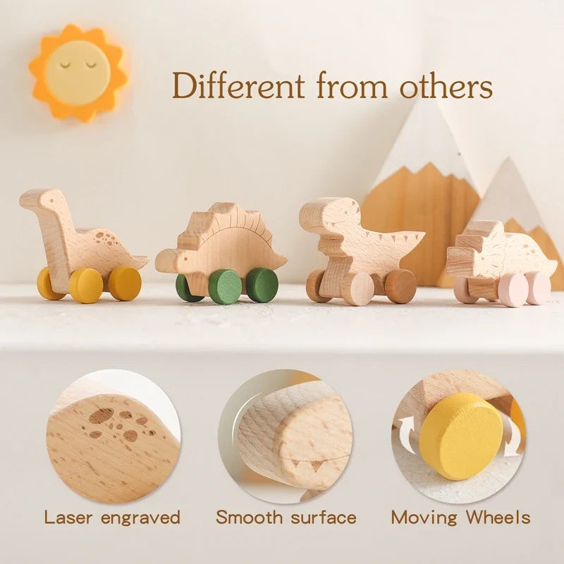 Beech Wood Cartoon Dinosaur Car Teether Montessori Wooden Baby Toy for Teething & Grip Development