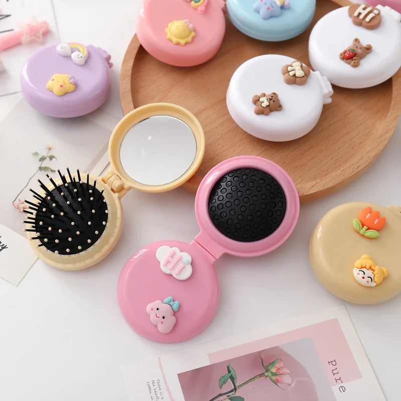 1PCS Cute Kid Hair Brush – Mini Cartoon Bear Hair Comb with Mirror, Portable Massage Comb for Girls