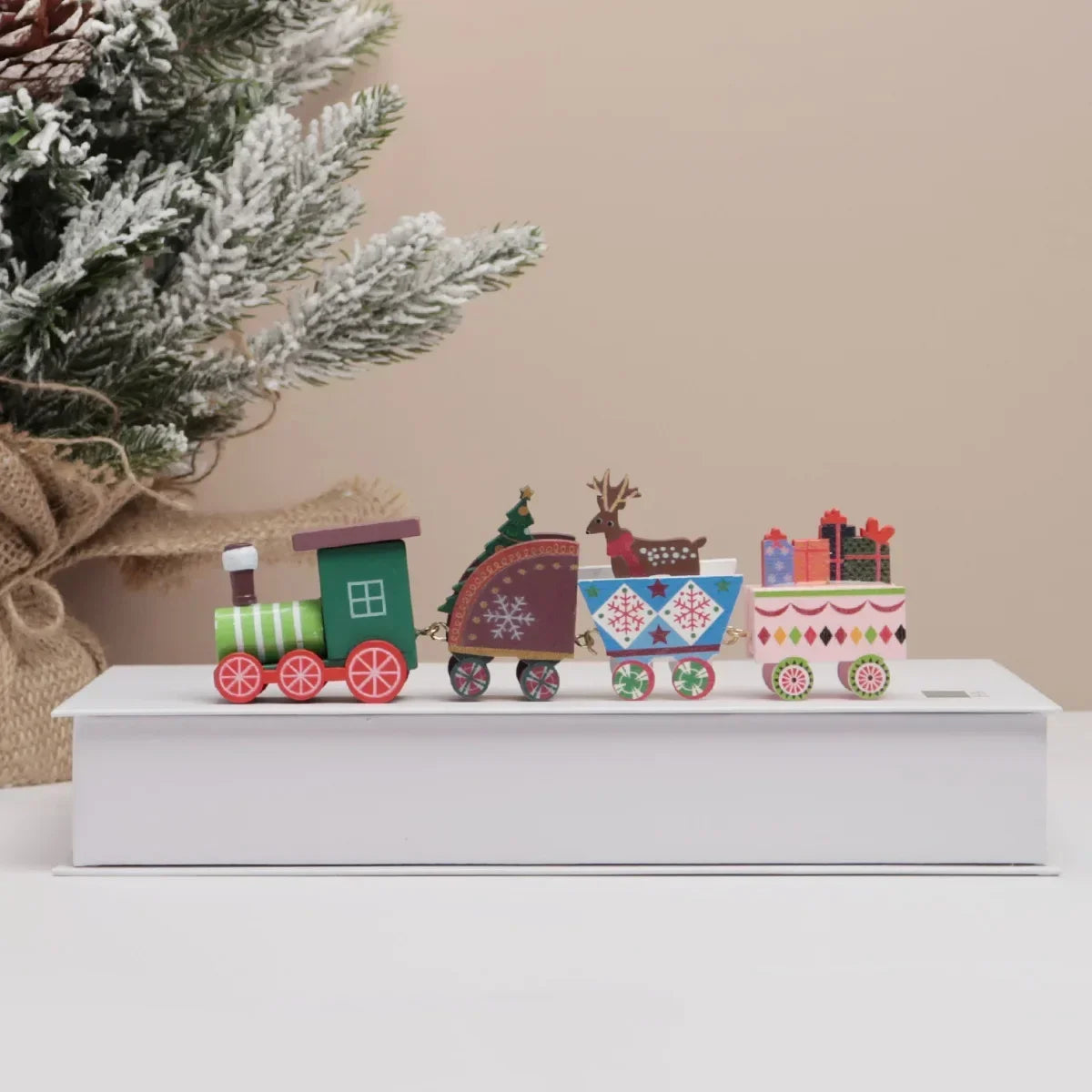 Hand-Painted Wooden Christmas Train Set Mini Tabletop Holiday Decorations