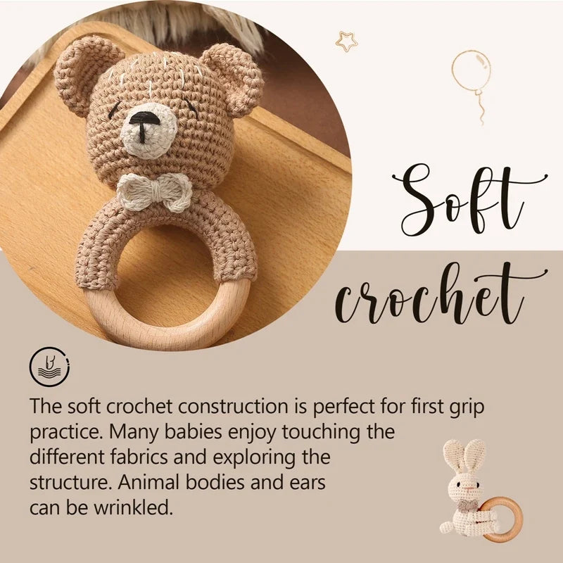 1pc Baby Rattles - Crochet Bunny Rattle Toy, Wood Ring Baby Teether, Rodent Baby Gym Mobile, Newborn Educational Toys Gift