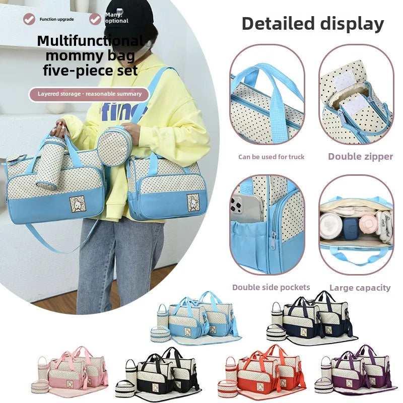 5-Piece Stylish Portable Mommy & Baby Bag – Large Capacity Diaper Bag with Built-in Changing Pad & Independent Bottle Compartment