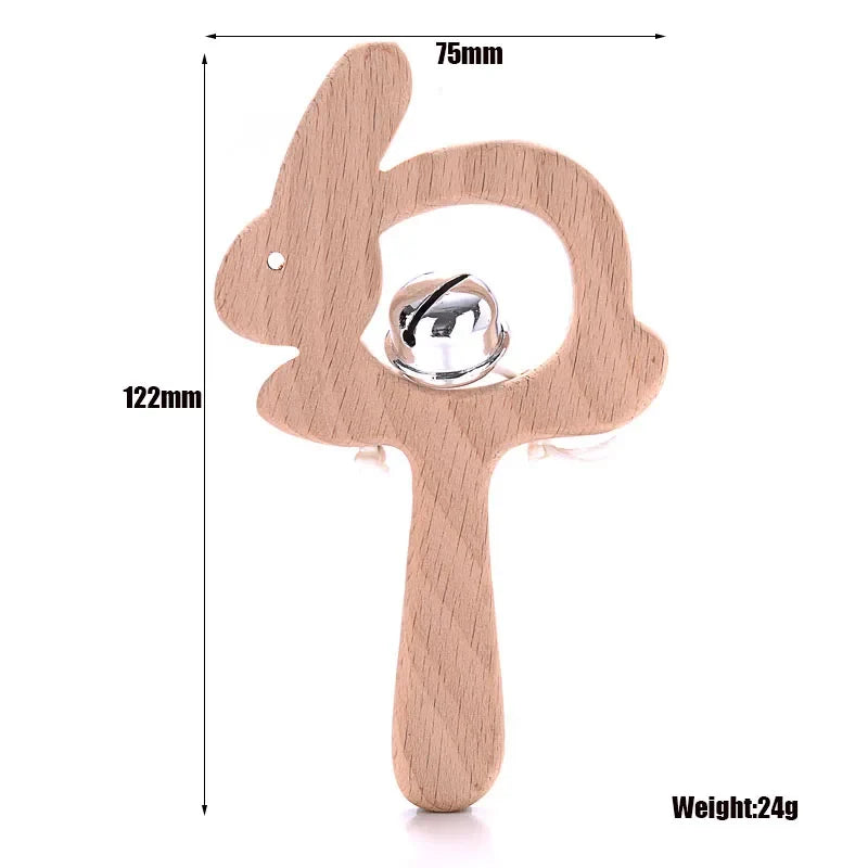 1-Pack Beech Wood Baby Teether - Wooden Animal Ring Nursing Pendant Rattle Chew Toy Rabbit Owl