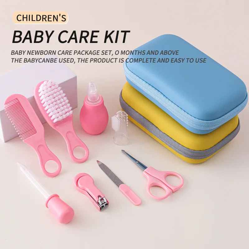 8/13Pcs Baby Care Set - EVA Bag with Nasal Aspirator, Nail Scissors, Cartoon Daily Cleaning & Care Supplies