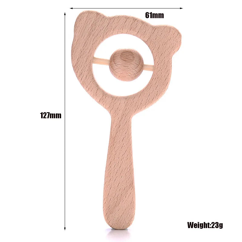1-Pack Beech Wood Baby Teether - Wooden Animal Ring Nursing Pendant Rattle Chew Toy Rabbit Owl