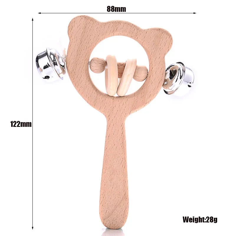 1-Pack Beech Wood Baby Teether - Wooden Animal Ring Nursing Pendant Rattle Chew Toy Rabbit Owl