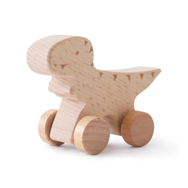 Beech Wood Cartoon Dinosaur Car Teether Montessori Wooden Baby Toy for Teething & Grip Development