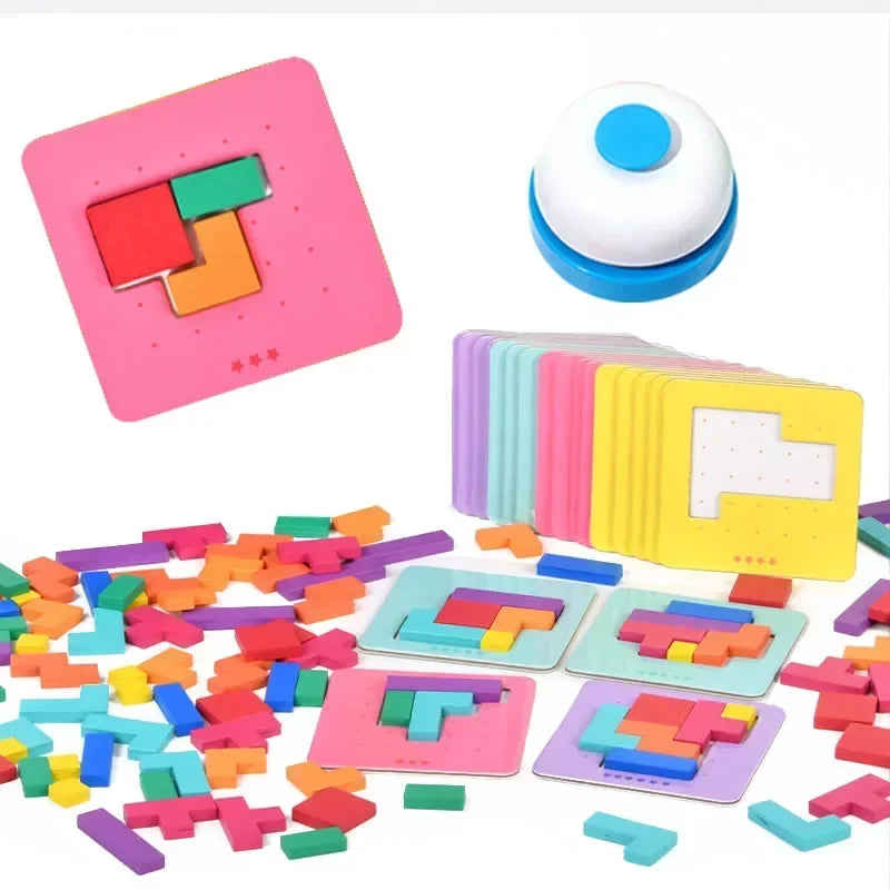 Montessori Tangram & Building Blocks 128-Piece Desktop Puzzle Battle Game for Kids – Color Shape Math Toy