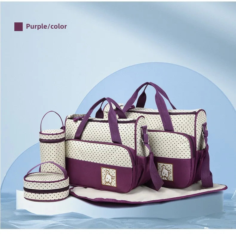 5-Piece Stylish Portable Mommy & Baby Bag – Large Capacity Diaper Bag with Built-in Changing Pad & Independent Bottle Compartment