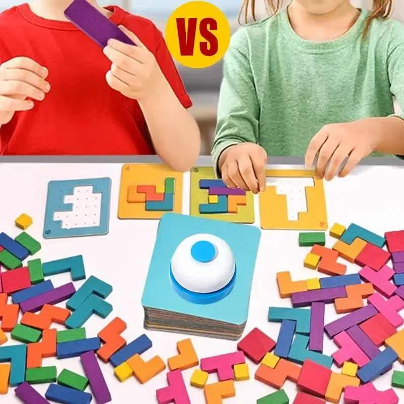 Montessori Tangram & Building Blocks 128-Piece Desktop Puzzle Battle Game for Kids – Color Shape Math Toy