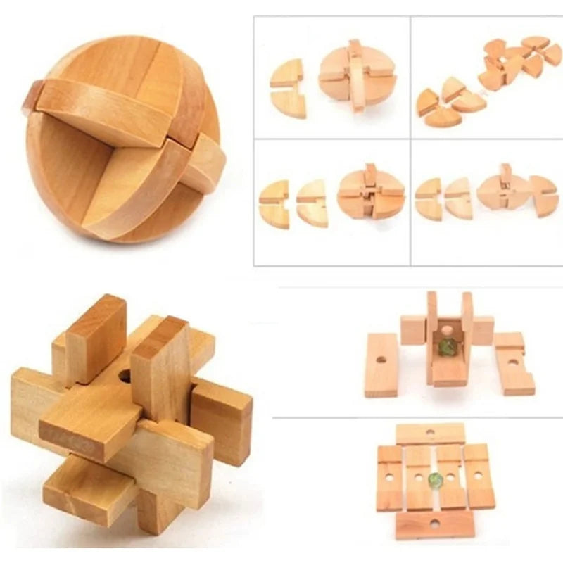 Kong Ming Lock 3D Wooden Brain Teaser Puzzle Interlocking Burr IQ Game for Adults & Kids