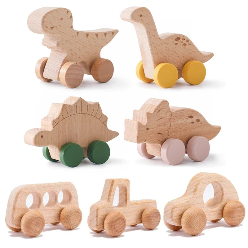 Beech Wood Cartoon Dinosaur Car Teether Montessori Wooden Baby Toy for Teething & Grip Development
