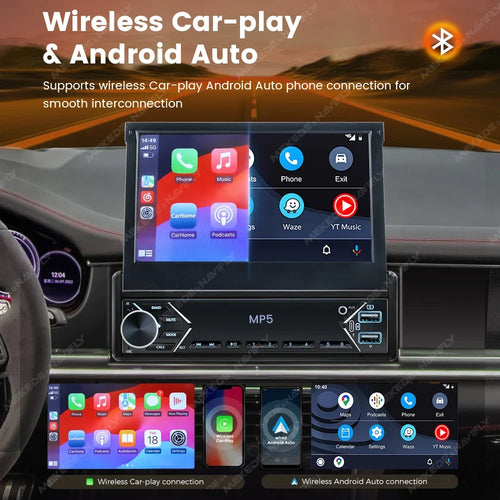 1-DIN 7" Retractable Car Stereo – Touch Screen MP5 Player with CarPlay