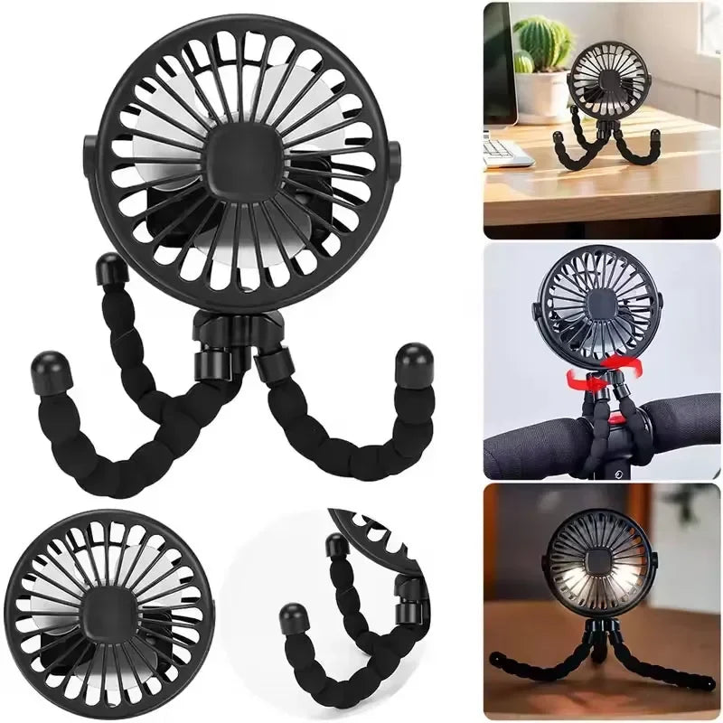 Octopus Stroller Fan USB Rechargeable Bladeless Folding Silent Mini Fan for Baby, Desk & Outdoor