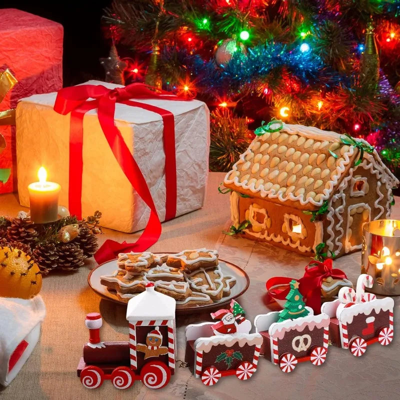 Hand-Painted Wooden Christmas Train Set Mini Tabletop Holiday Decorations