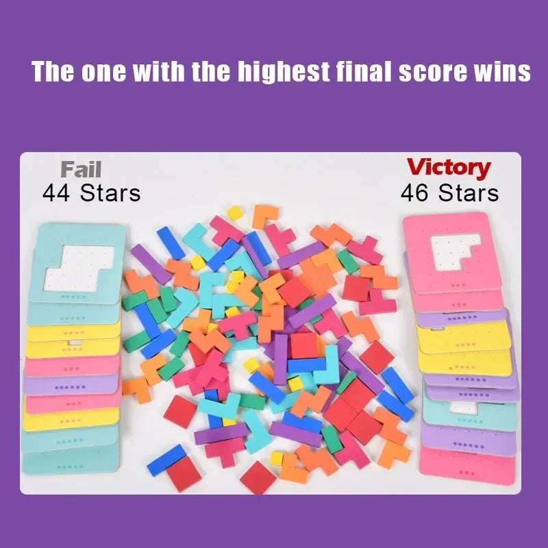 Montessori Tangram & Building Blocks 128-Piece Desktop Puzzle Battle Game for Kids – Color Shape Math Toy