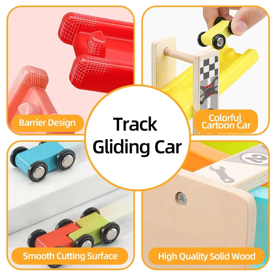 7-Track Wooden Ramp Racing Car Set, Montessori Toddler Toy Inertia Slide Roller Coaster Educational Gift