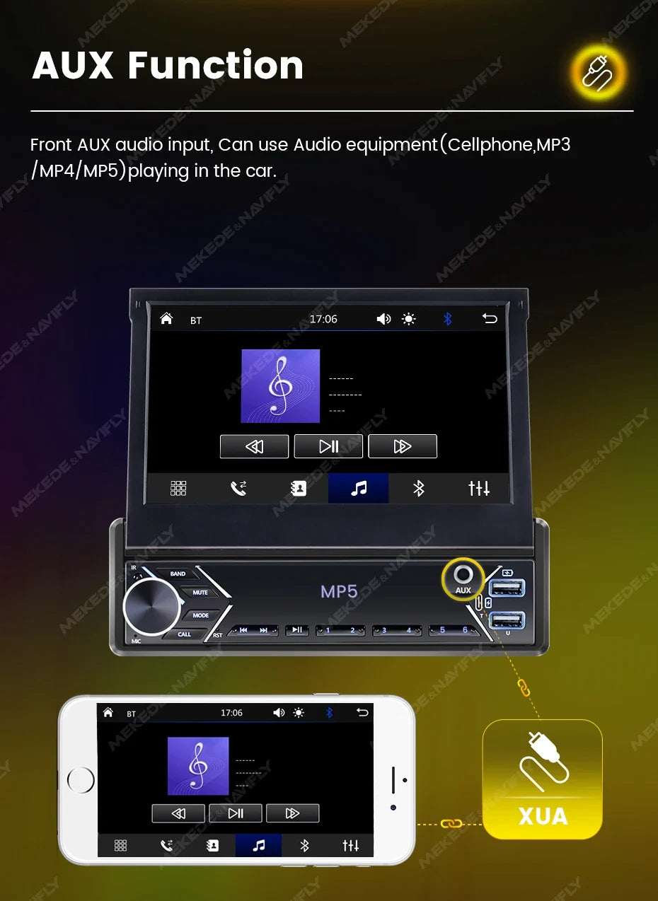 1-DIN 7" Retractable Car Stereo – Touch Screen MP5 Player with CarPlay