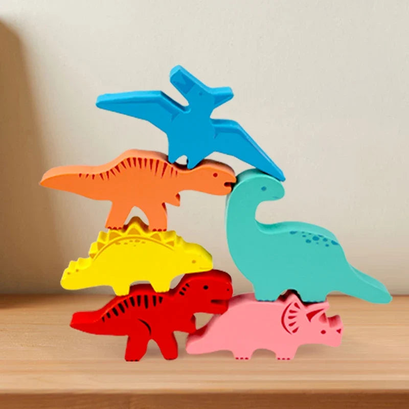 Wooden Dinosaur Stacking Balance Game, Colorful Animal Stacking Blocks Educational Toy for Kids Ages 3+