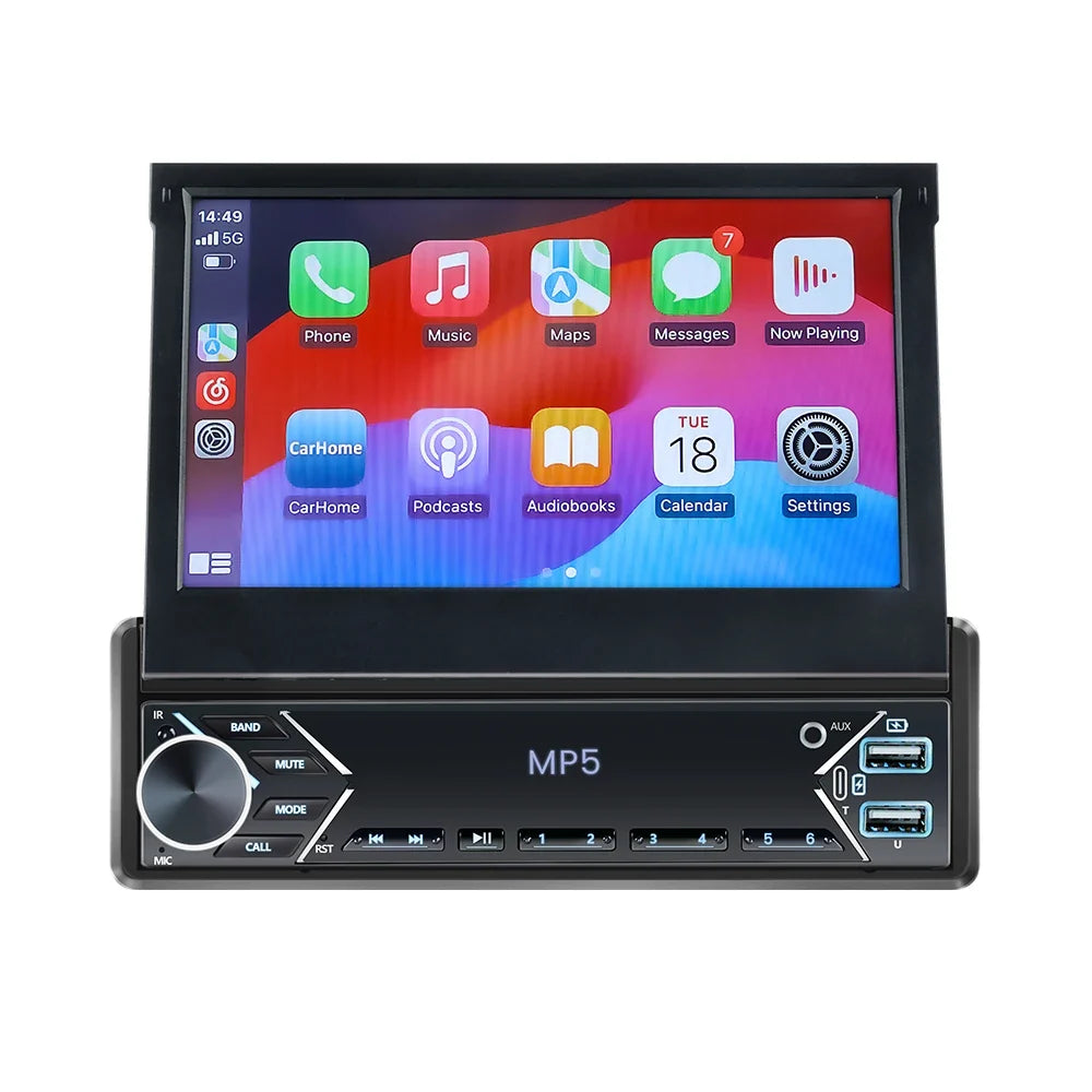 1-DIN 7" Retractable Car Stereo – Touch Screen MP5 Player with CarPlay