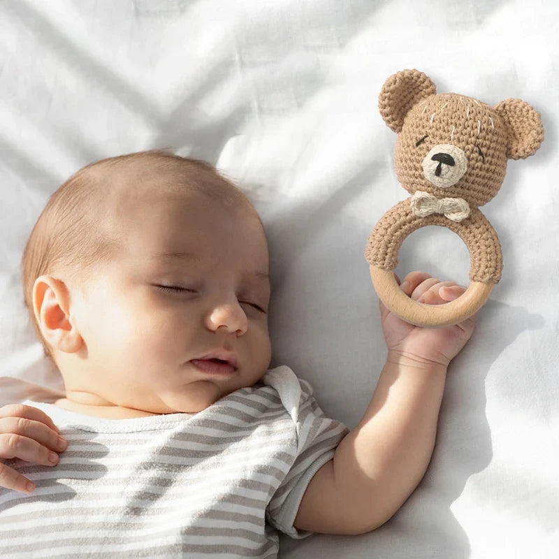 1pc Baby Rattles - Crochet Bunny Rattle Toy, Wood Ring Baby Teether, Rodent Baby Gym Mobile, Newborn Educational Toys Gift