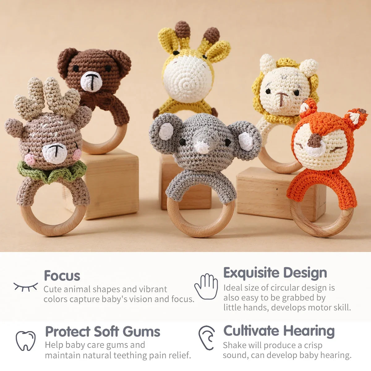 1pc Baby Teether Music Rattle - Animal Crochet Rattle, Elephant & Giraffe Wooden Ring, Babies Gym Montessori Children’s Toys