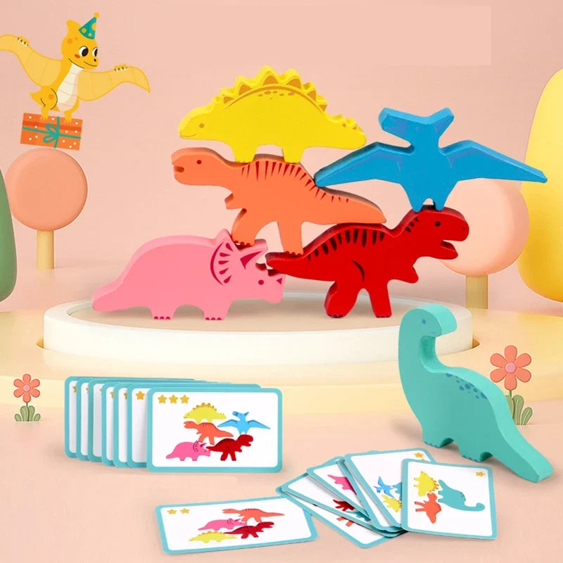 Wooden Dinosaur Stacking Balance Game, Colorful Animal Stacking Blocks Educational Toy for Kids Ages 3+