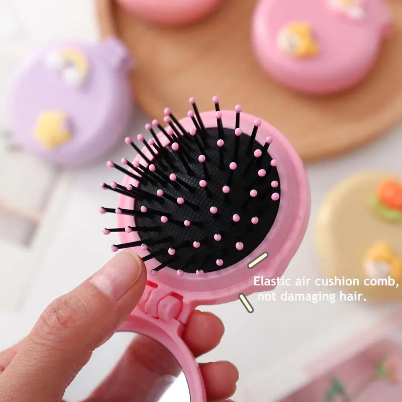 1PCS Cute Kid Hair Brush – Mini Cartoon Bear Hair Comb with Mirror, Portable Massage Comb for Girls