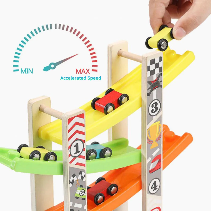 7-Track Wooden Ramp Racing Car Set, Montessori Toddler Toy Inertia Slide Roller Coaster Educational Gift