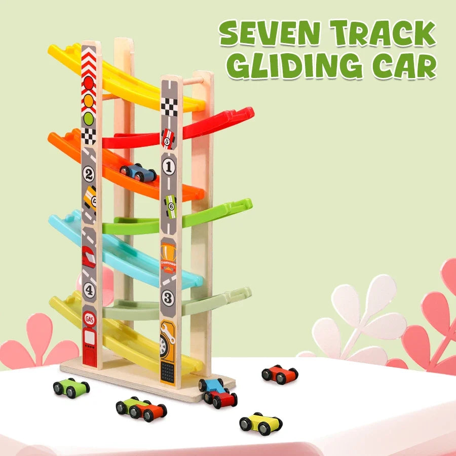7-Track Wooden Ramp Racing Car Set, Montessori Toddler Toy Inertia Slide Roller Coaster Educational Gift