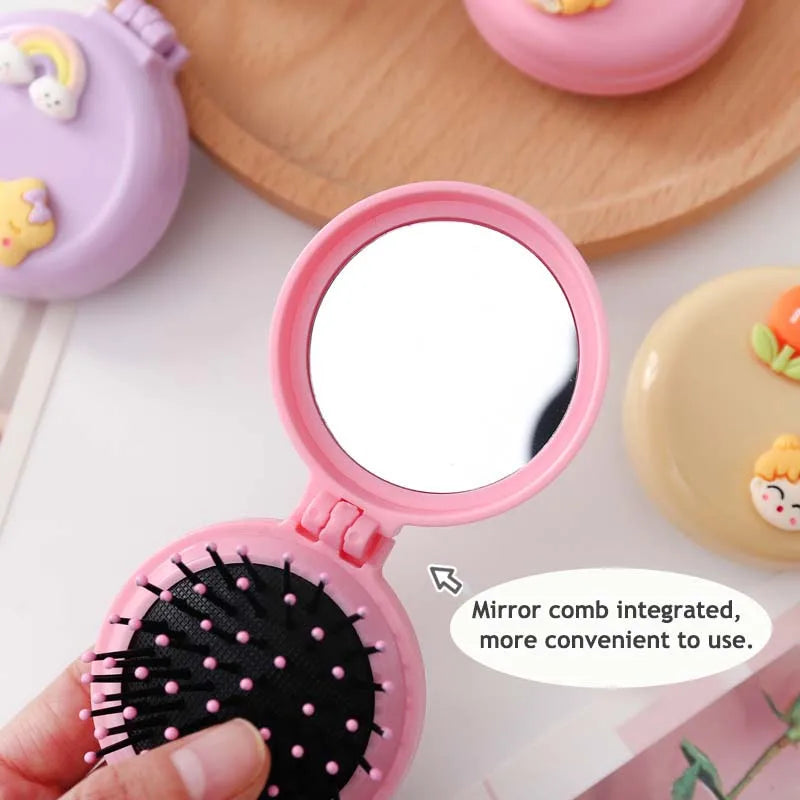 1PCS Cute Kid Hair Brush – Mini Cartoon Bear Hair Comb with Mirror, Portable Massage Comb for Girls