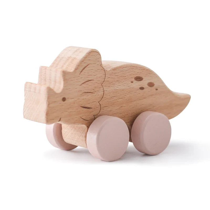 Beech Wood Cartoon Dinosaur Car Teether Montessori Wooden Baby Toy for Teething & Grip Development