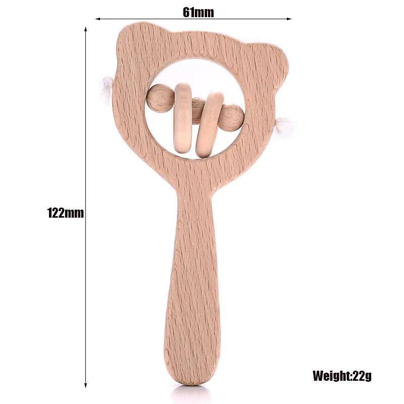 1-Pack Beech Wood Baby Teether - Wooden Animal Ring Nursing Pendant Rattle Chew Toy Rabbit Owl