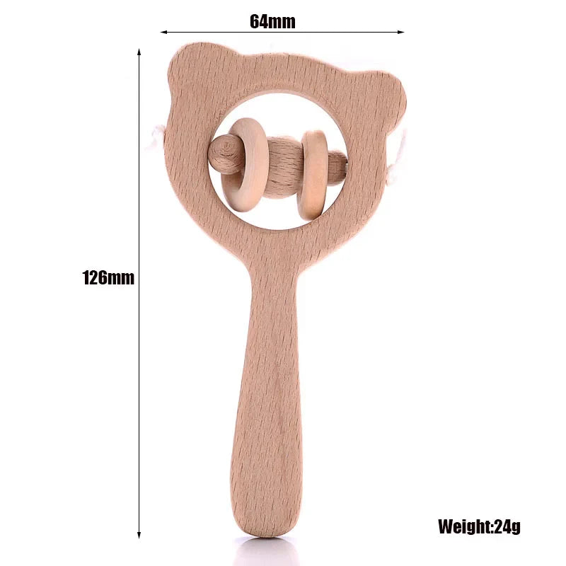 1-Pack Beech Wood Baby Teether - Wooden Animal Ring Nursing Pendant Rattle Chew Toy Rabbit Owl