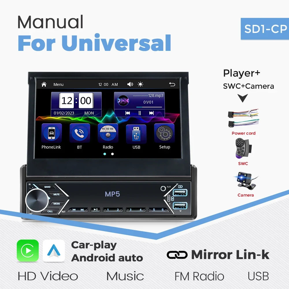 1-DIN 7" Retractable Car Stereo – Touch Screen MP5 Player with CarPlay
