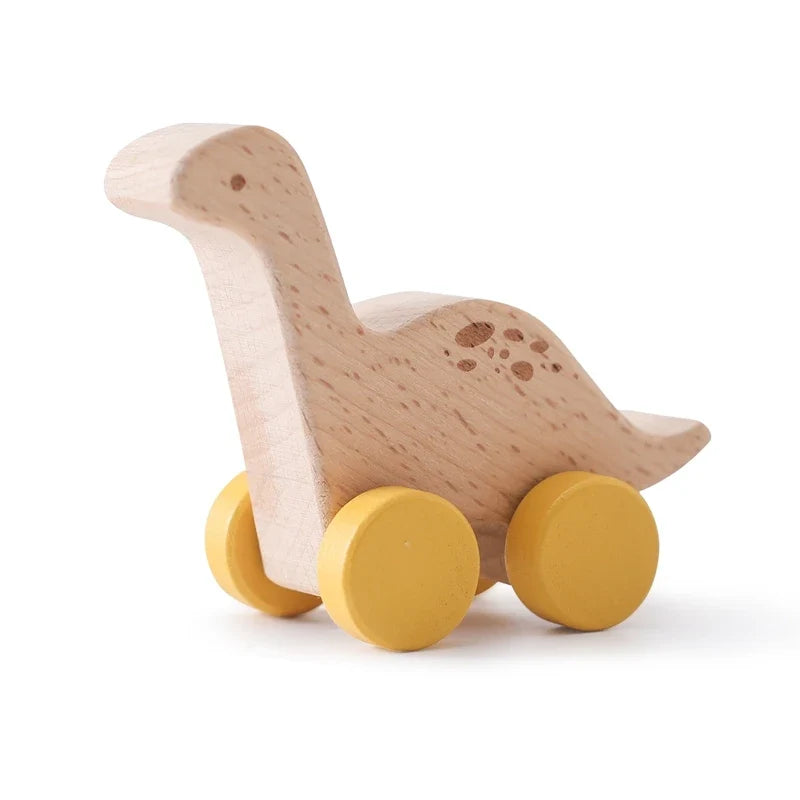 Beech Wood Cartoon Dinosaur Car Teether Montessori Wooden Baby Toy for Teething & Grip Development