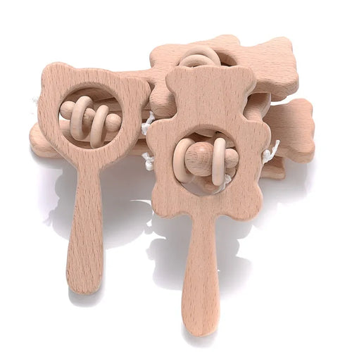 1-Pack Beech Wood Baby Teether - Wooden Animal Ring Nursing Pendant Rattle Chew Toy Rabbit Owl