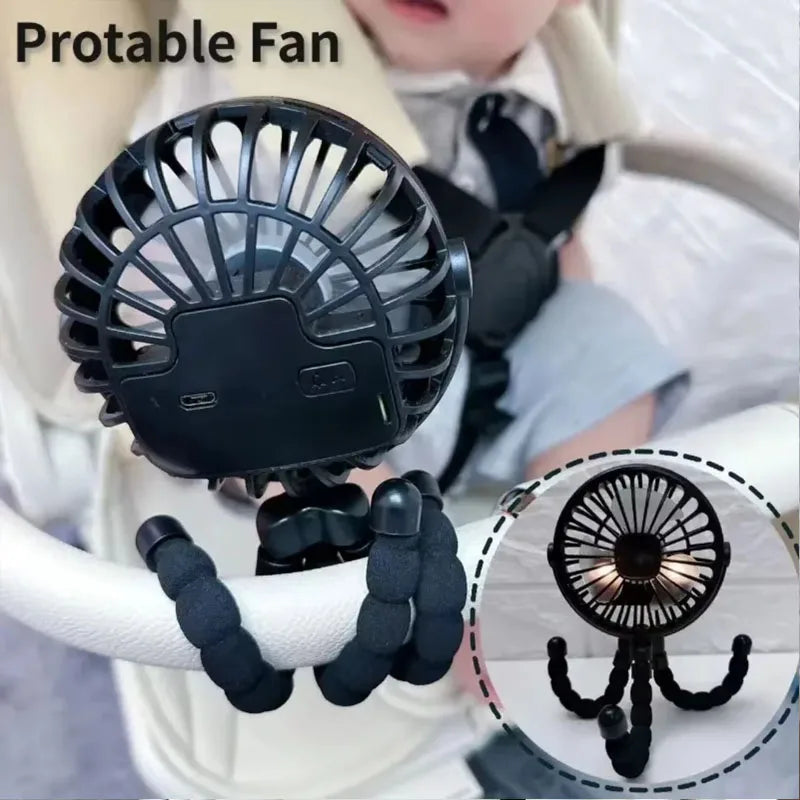 Octopus Stroller Fan USB Rechargeable Bladeless Folding Silent Mini Fan for Baby, Desk & Outdoor