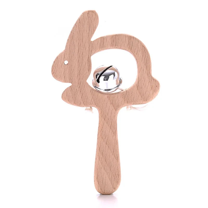 1-Pack Beech Wood Baby Teether - Wooden Animal Ring Nursing Pendant Rattle Chew Toy Rabbit Owl