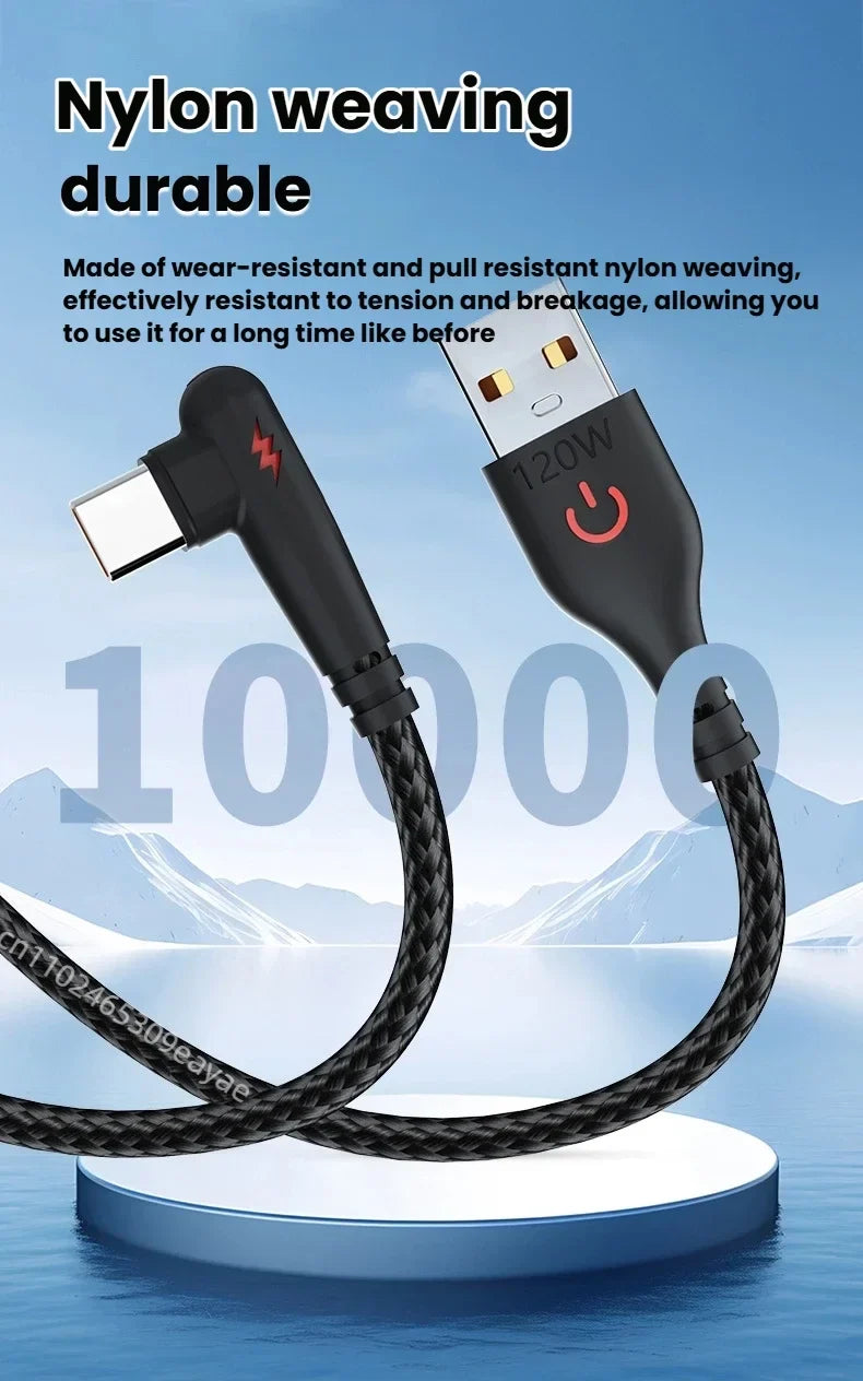 HOMEFISH 120W Braided 90 Degree Right Angle Fast Charging Cable for Type-C Devices High-Speed Data_