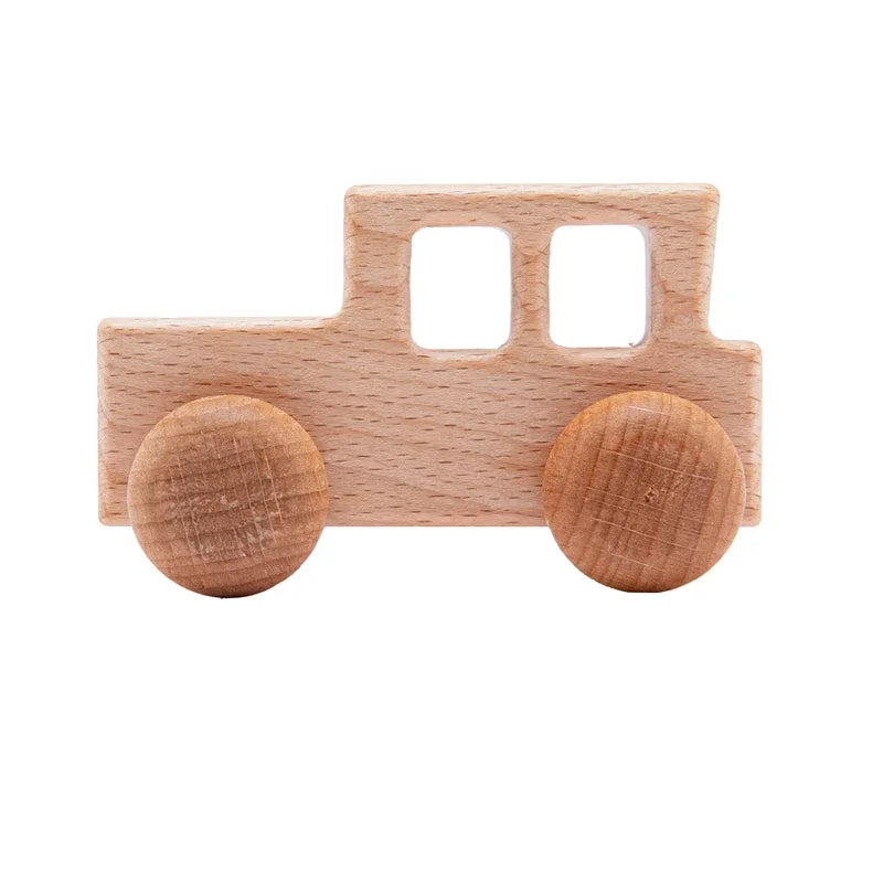 Beech Wood Cartoon Dinosaur Car Teether Montessori Wooden Baby Toy for Teething & Grip Development