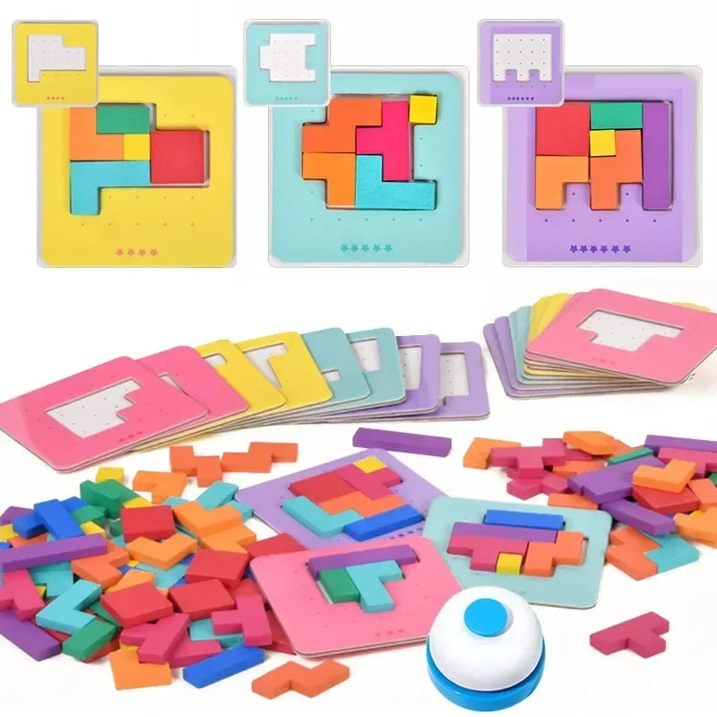 Montessori Tangram & Building Blocks 128-Piece Desktop Puzzle Battle Game for Kids – Color Shape Math Toy