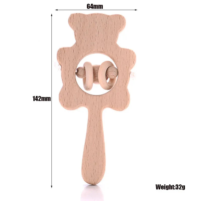 1-Pack Beech Wood Baby Teether - Wooden Animal Ring Nursing Pendant Rattle Chew Toy Rabbit Owl