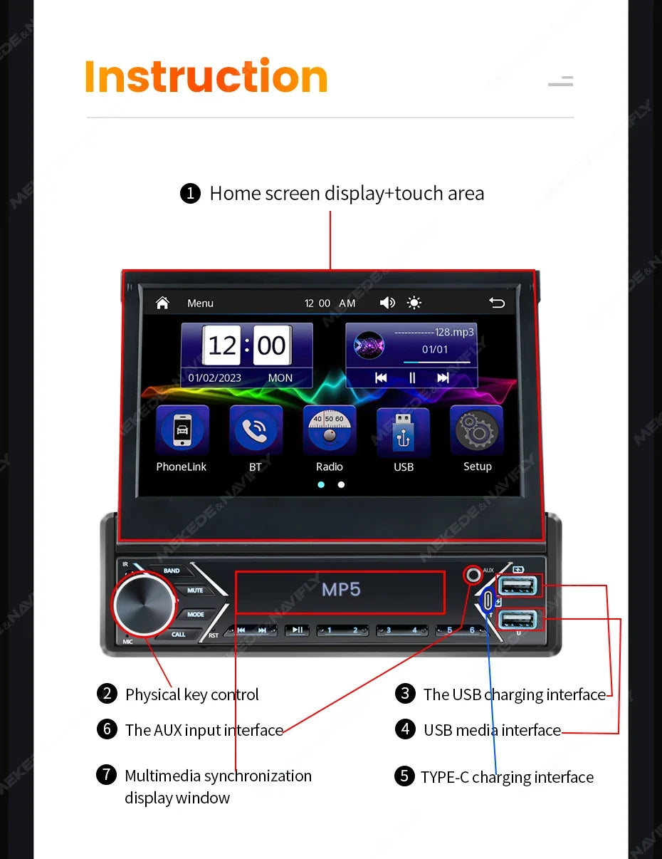 1-DIN 7" Retractable Car Stereo – Touch Screen MP5 Player with CarPlay