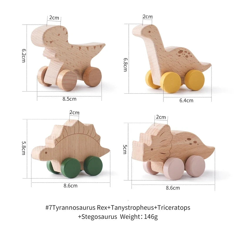 Beech Wood Cartoon Dinosaur Car Teether Montessori Wooden Baby Toy for Teething & Grip Development