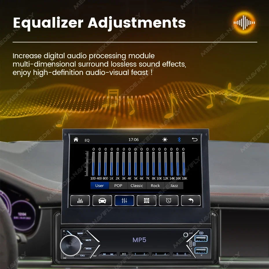 1-DIN 7" Retractable Car Stereo – Touch Screen MP5 Player with CarPlay