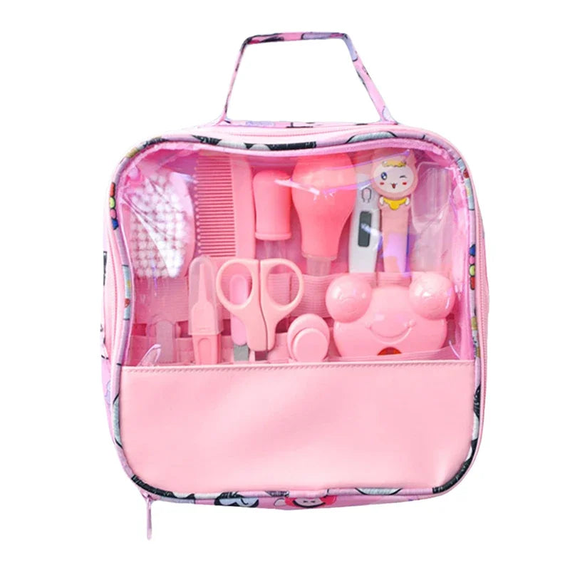 8/13Pcs Baby Care Set - EVA Bag with Nasal Aspirator, Nail Scissors, Cartoon Daily Cleaning & Care Supplies