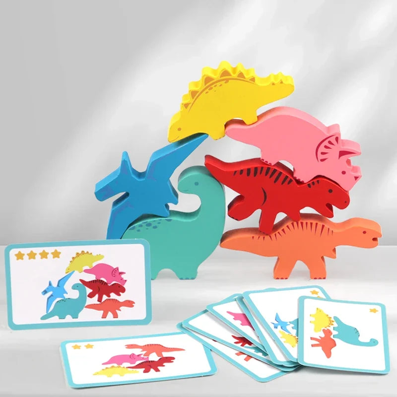 Wooden Dinosaur Stacking Balance Game, Colorful Animal Stacking Blocks Educational Toy for Kids Ages 3+