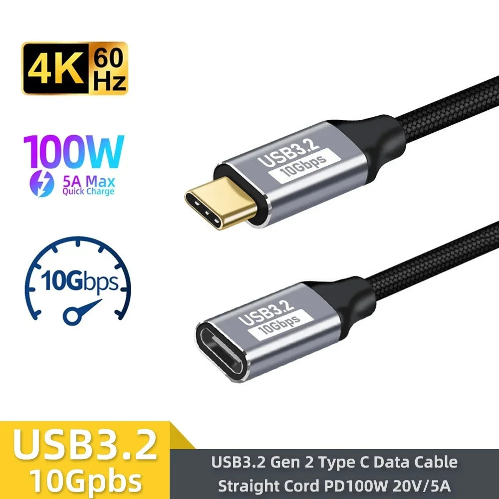 100W PD Fast Charging Cable 5A Type USB C 3.1 Gen 2 Male to Female Extension Cord 90 Angle 10Gbps USB C Extender Data Cables