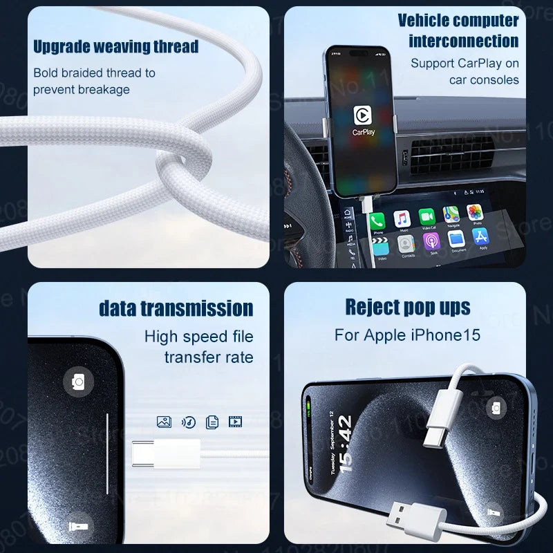 35W USB Cable Connect CarPlay Exclusive For Apple iPhone 16 15 Pro Max Plus USB to Type-C Fast Charging Cables Type-C Data Line